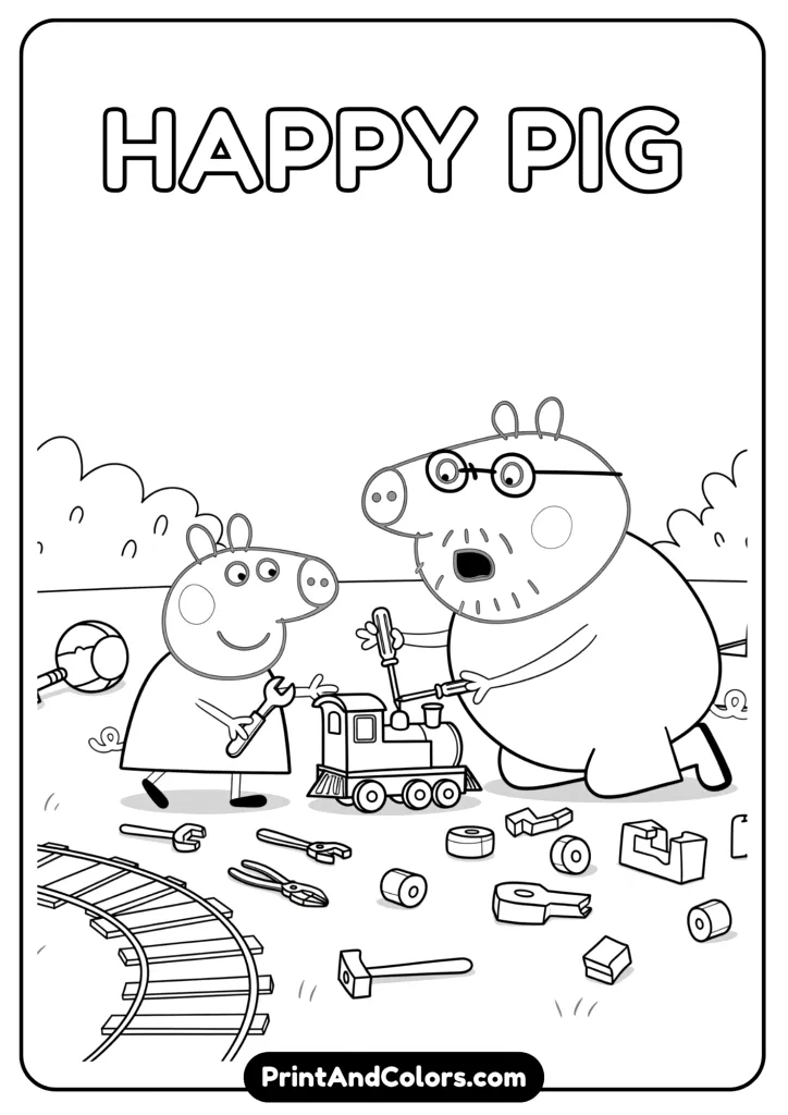 Peppa and Grandpa Pig working together on fixing a toy train, with small tools on the ground. Train tracks and toy parts shown. Cartoon line art.