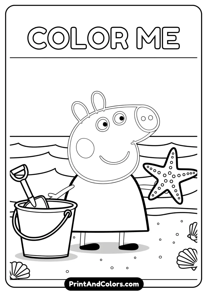 Peppa at the beach holding a starfish with a beach bucket beside her. Waves and shells in the background. Outlined for coloring.