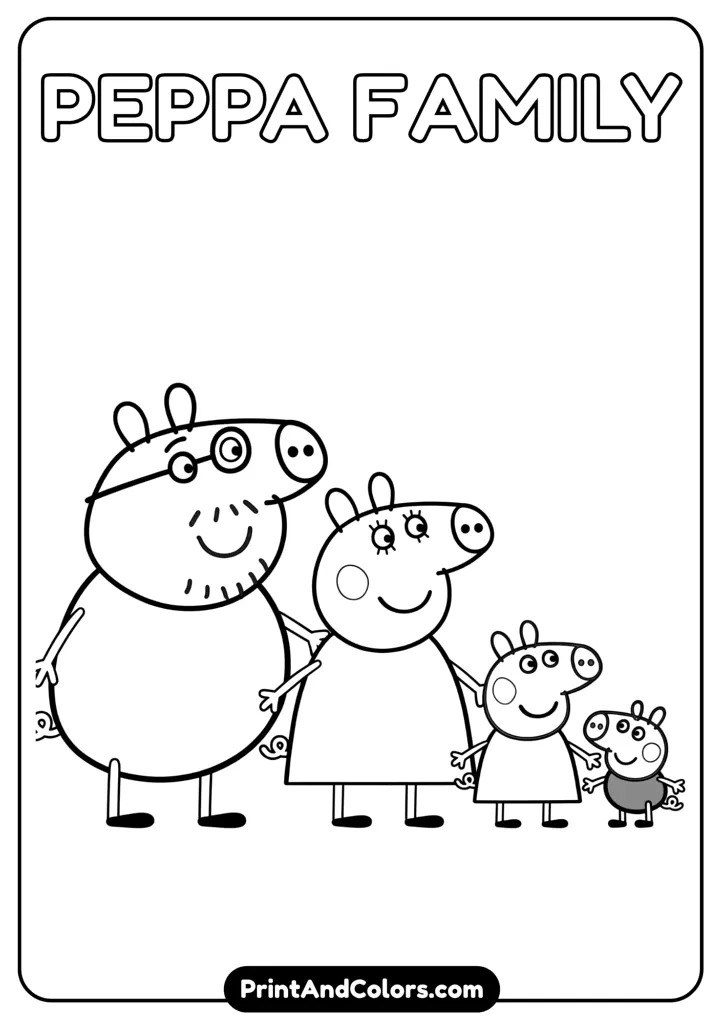 Full family portrait in line art: Daddy Pig, Mummy Pig, Peppa Pig, and George Pig, all smiling and standing side by side. Cartoon-style outlines.