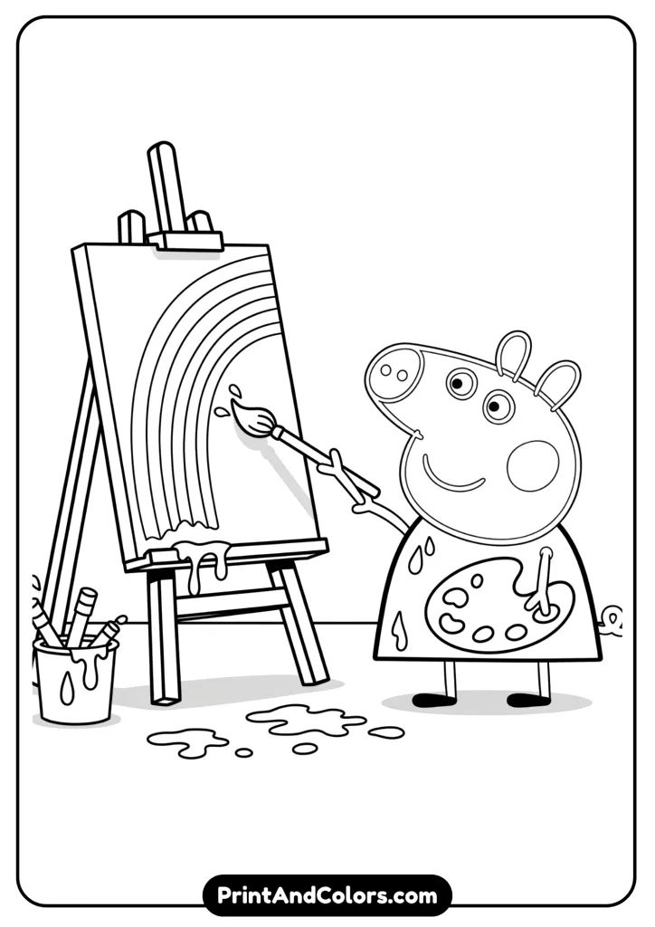 Peppa Pig painting a rainbow on an easel with a brush in her hoof, paint splashes nearby. Line art with bold, clean lines.