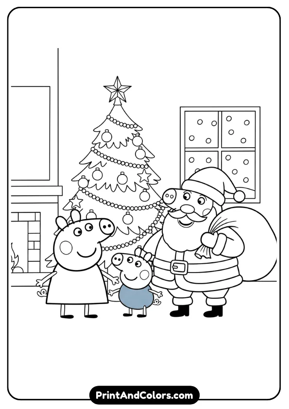 Peppa Pig and George standing with Santa Claus near a Christmas tree. Cute, soft outlines for kids.