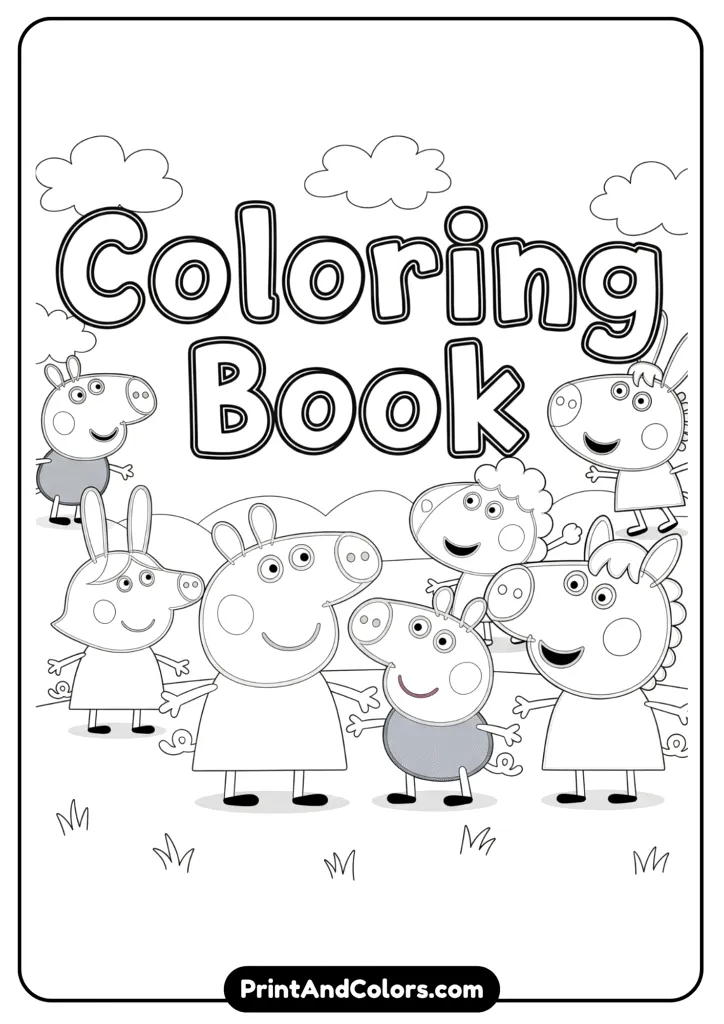 A front cover of a coloring book featuring Peppa Pig, George, and friends with “Coloring Book” written in playful font above. Frame of stars and crayons. Line art version.