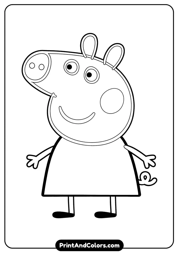 A black and white line art drawing of Peppa Pig standing and smiling, in her classic dress with round cheeks, cartoon-style eyes, and simple outlines, perfect for children to color. No background, clear bold lines.