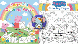 Colorful featured image showing Peppa Pig and friends happily coloring with crayons and coloring books under a banner that says “Peppa Pig Coloring Pages.” The scene includes George Pig, Suzy Sheep, and Rebecca Rabbit in a cheerful cartoon setting.