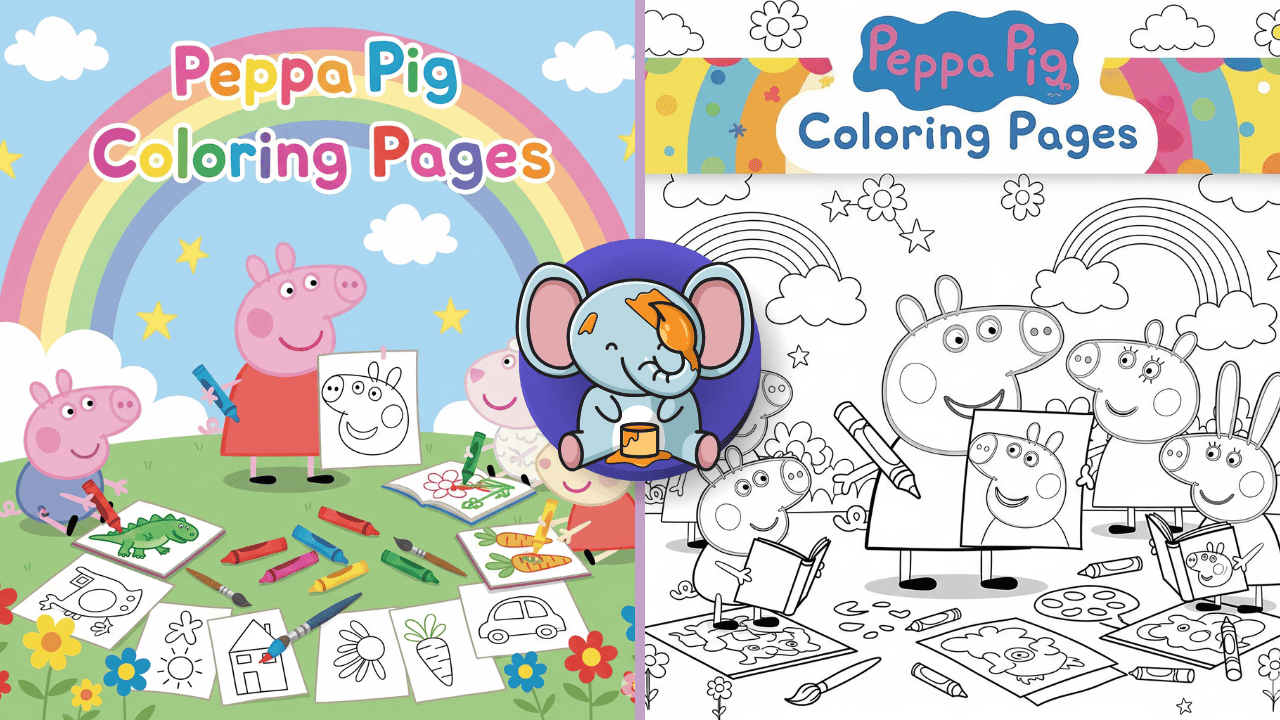 Colorful featured image showing Peppa Pig and friends happily coloring with crayons and coloring books under a banner that says “Peppa Pig Coloring Pages.” The scene includes George Pig, Suzy Sheep, and Rebecca Rabbit in a cheerful cartoon setting.
