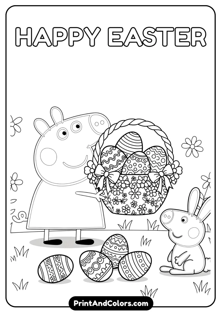 Peppa holding a decorated Easter egg basket, with Easter eggs and a bunny near her feet. Line art for Easter celebration.
