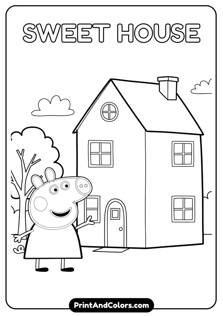 Peppa Pig standing outside her house, pointing toward it. House with two floors and a sloped roof shown clearly in line art.