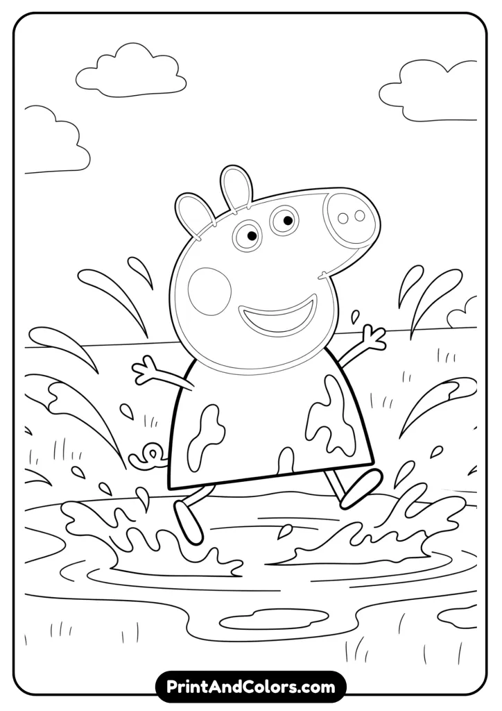 Peppa Pig joyfully jumping in a muddy puddle with water splashing around. Designed in outline art for coloring.