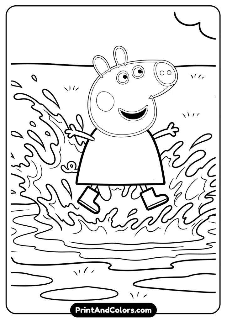 Classic Peppa jumping in a large muddy puddle with boots on. Water splashing around her. Outline-only, black and white for coloring.