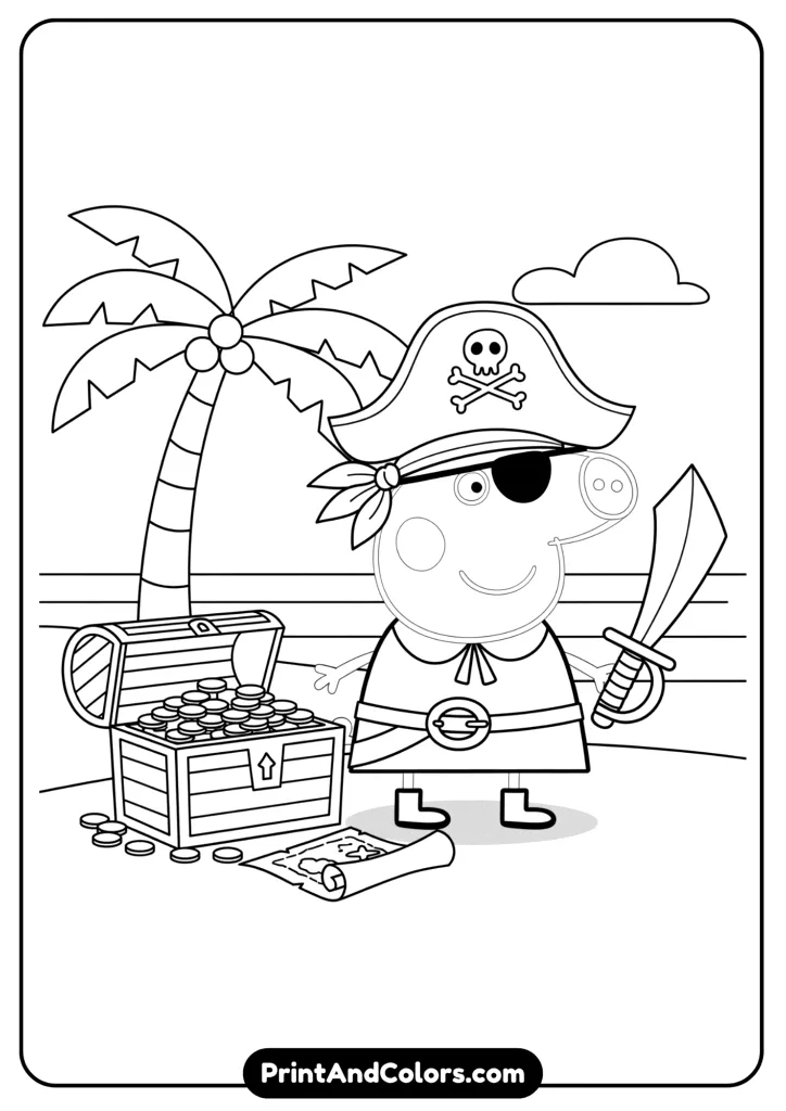 Peppa dressed as a pirate with an eye patch, pirate hat, and toy sword. Treasure chest and map nearby. Outlined for coloring.