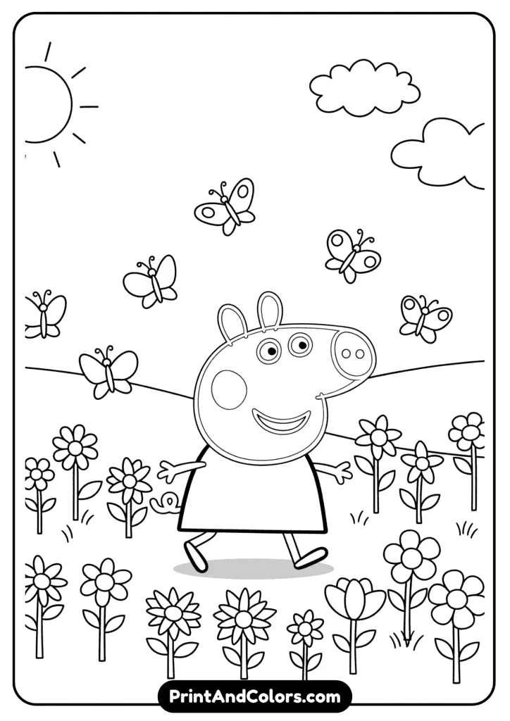 Line art of Peppa Pig walking happily through a flower-filled field, with butterflies fluttering around. Simplified details for a child-friendly coloring sheet.
