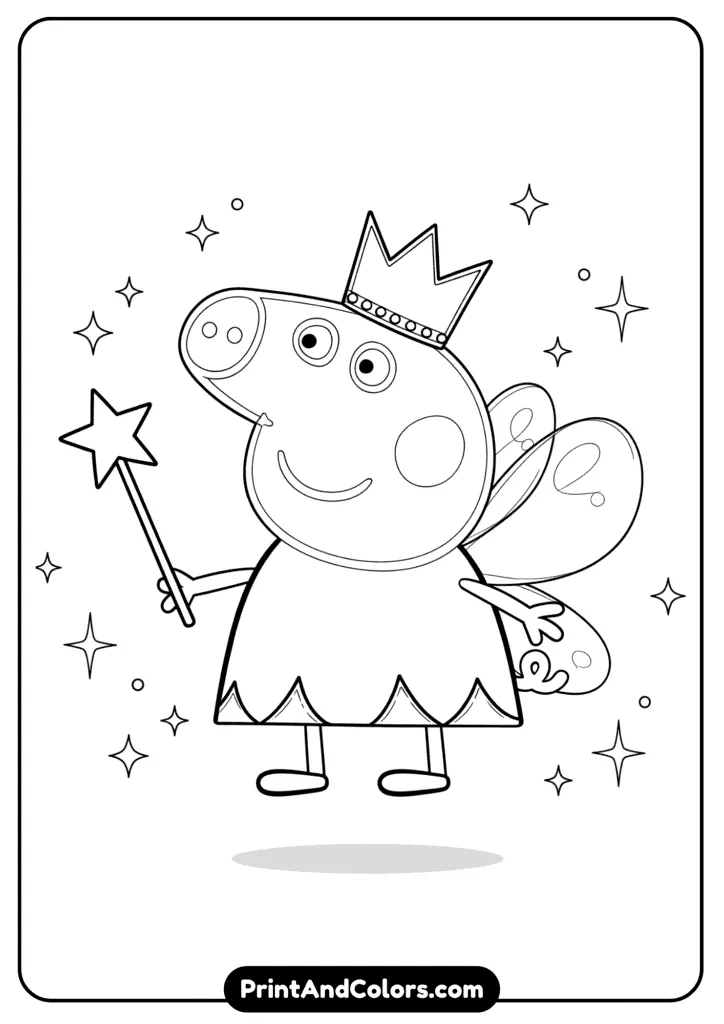 Line art of Peppa Pig dressed as a fairy with wings, a wand, and a crown, floating slightly above ground. Decorative stars and sparkles around her.