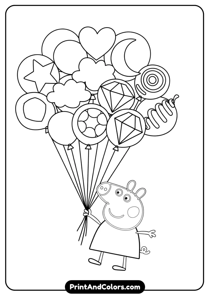 Peppa Pig holding a bunch of balloons floating in the air. Each balloon in a different shape. Black and white outlines.