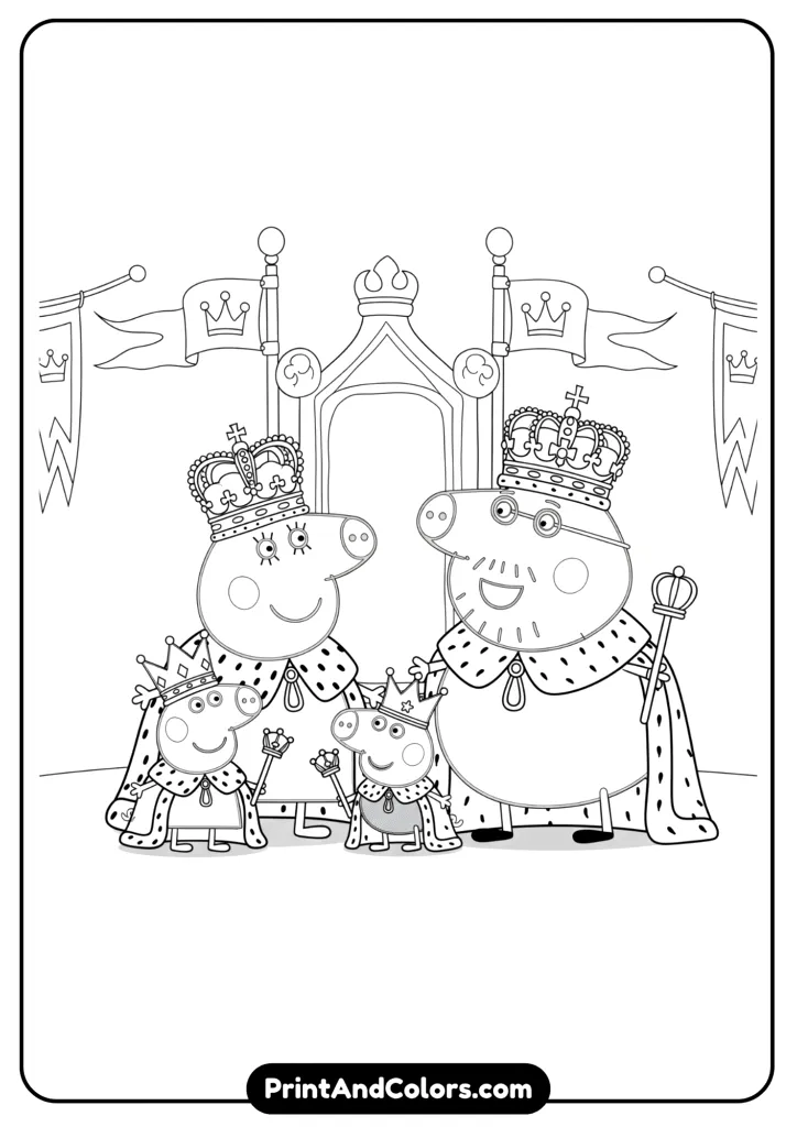 Peppa and her family dressed in royal outfits—crowns, robes, and royal background elements like a throne and flags. Line art for coloring.