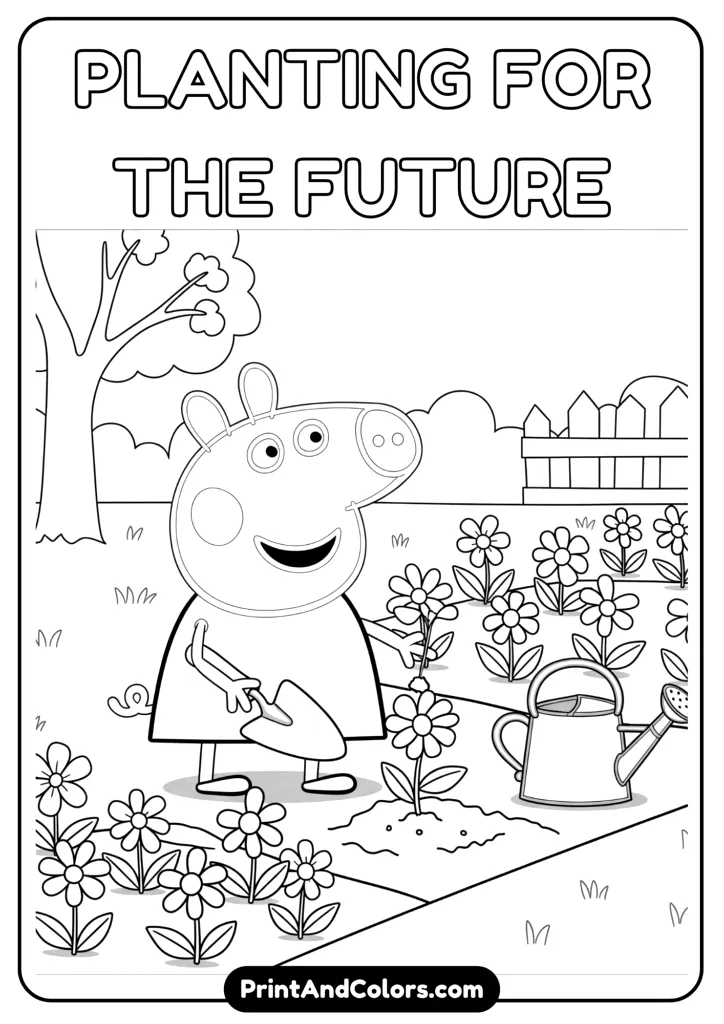 Peppa planting flowers in a garden bed with a watering can beside her. Happy expression and nature-themed background. Black and white outline.