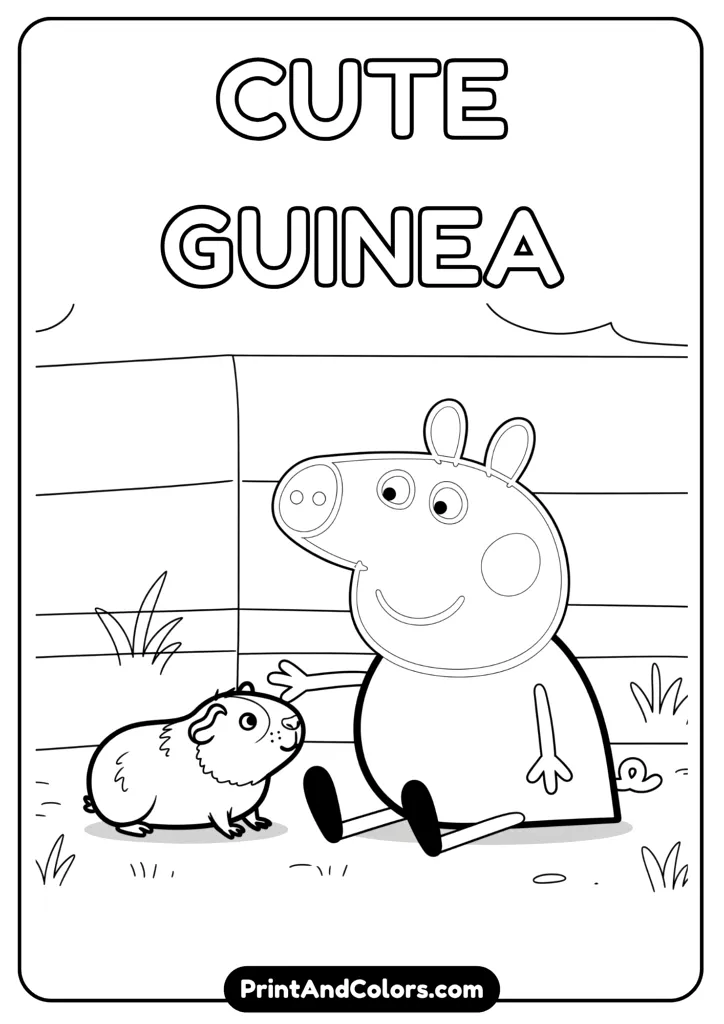 Peppa gently petting a guinea pig in a small enclosure. Smiling and seated on the ground. Detailed line art.