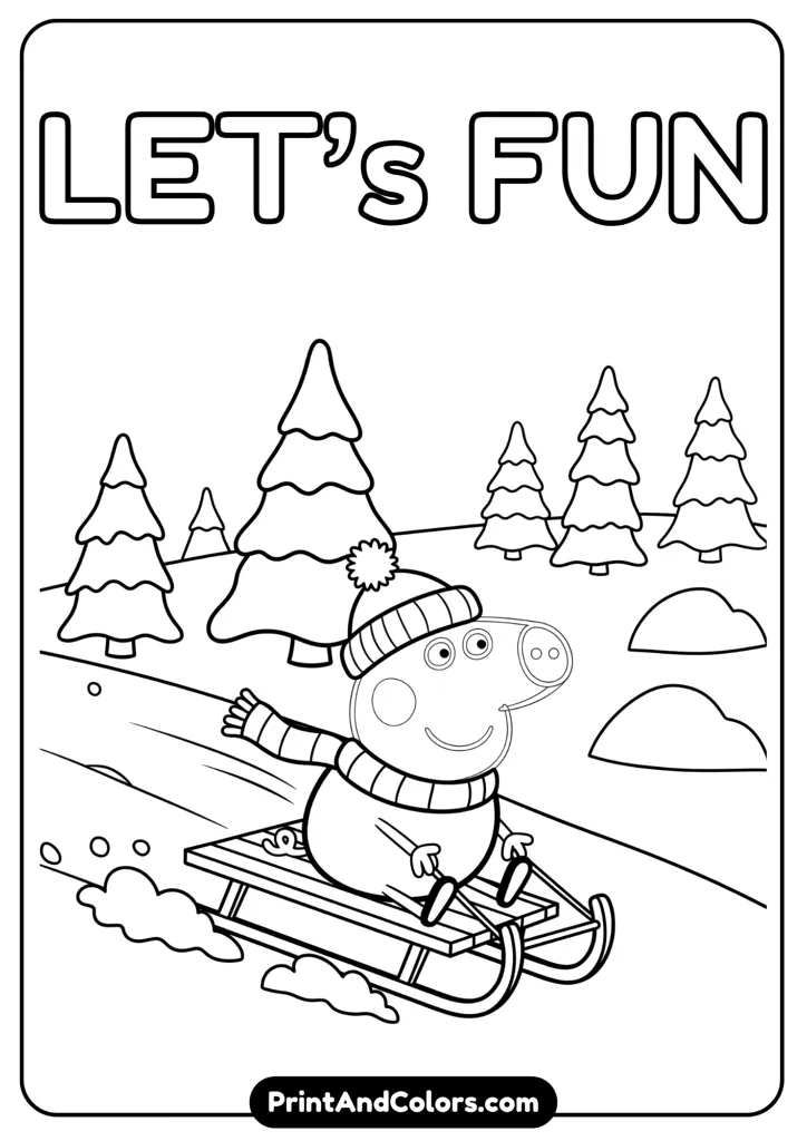 Peppa Pig sledding down a snowy hill with excitement on her face, wearing a scarf and winter hat. Snow-covered trees in the background. Black and white outline.