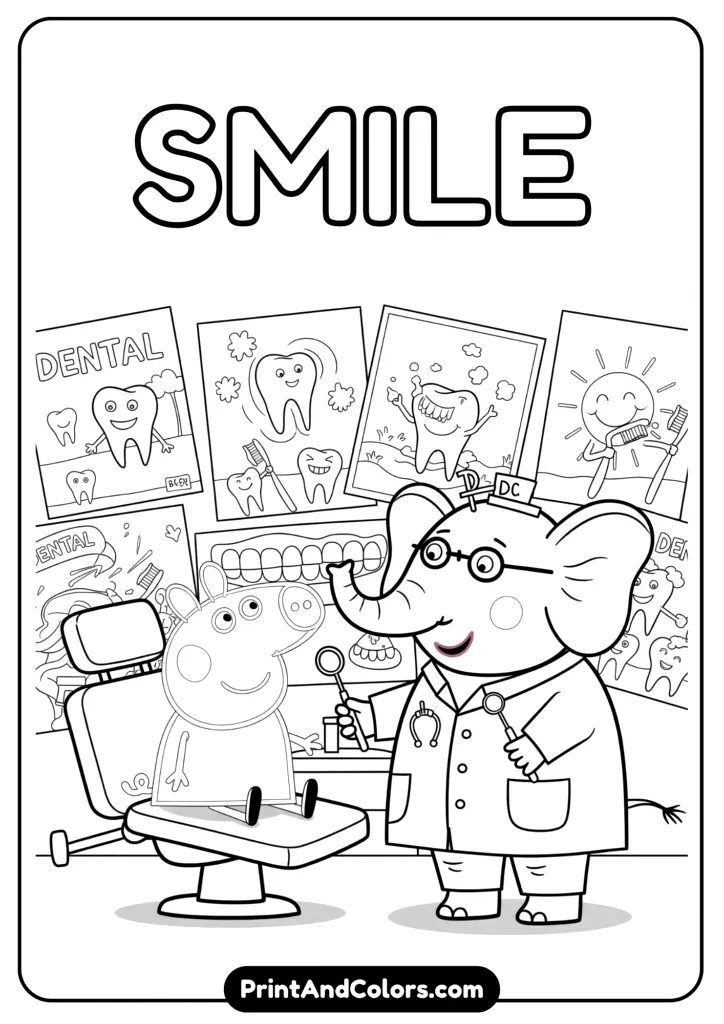 Peppa sitting in a dentist's chair with a dentist (Dr. Elephant) holding dental tools, friendly expressions. Background includes dental posters. Line art.