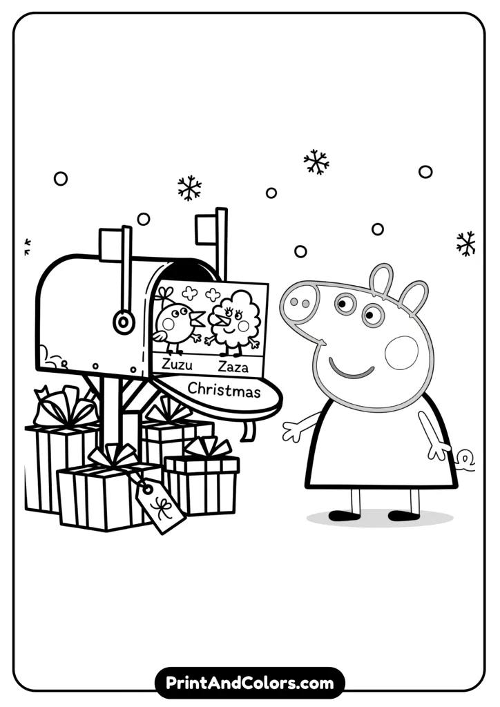 Peppa near a mailbox with a hopeful look, waiting for a Christmas card, snowflakes and gifts around. Zuzu and Zaza shown on a card illustration. Line art style.