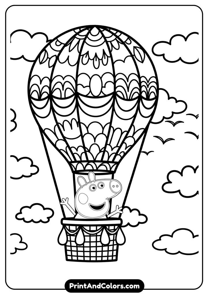 Peppa Pig waving from the basket of a hot air balloon flying in the sky, with clouds and birds in the background. Detailed line drawing for coloring.