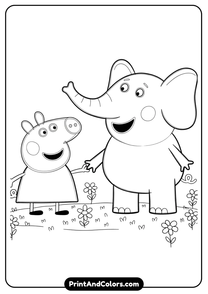Black and white drawing of Peppa Pig standing beside Emily Elephant, both smiling, holding hands, with simple flowers on the ground.