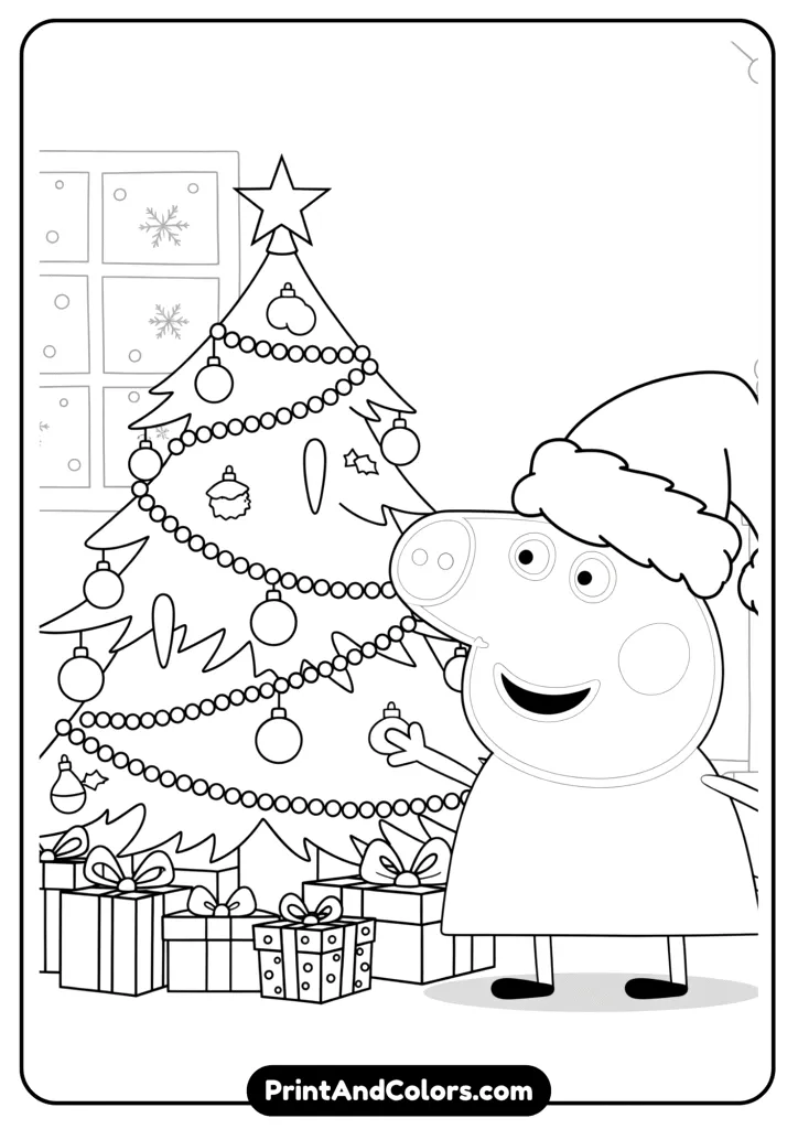 Christmas-themed Peppa Pig wearing a Santa hat, standing beside a Christmas tree with presents. Black and white festive line art.