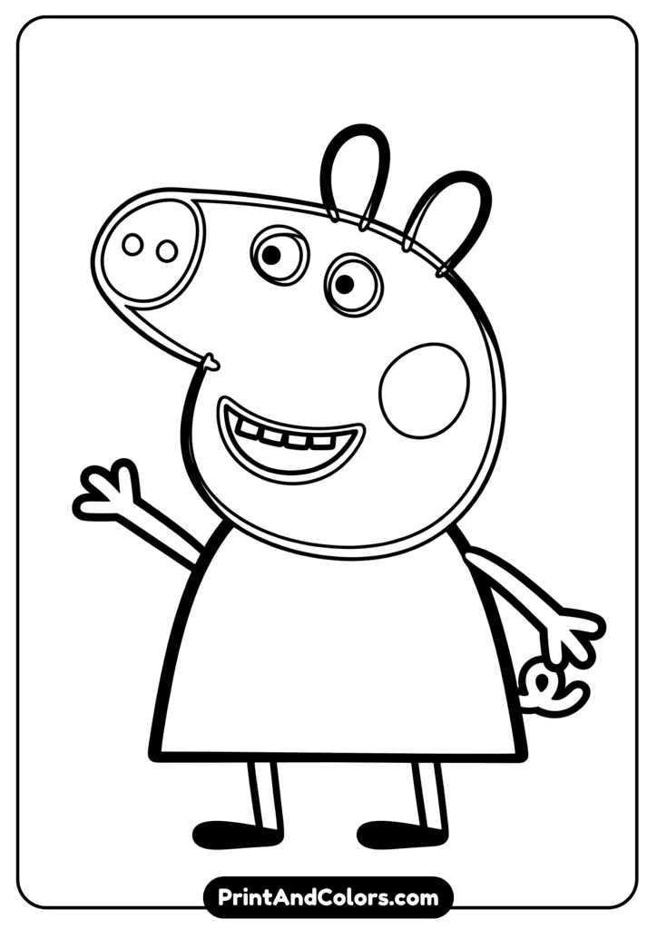 Simple, bold outline of Peppa Pig smiling and waving, with space around for easy printing and coloring. No background.