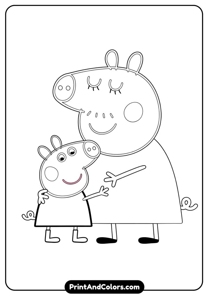 Peppa standing and hugging Mummy Pig, both smiling warmly. Line art with no background clutter.