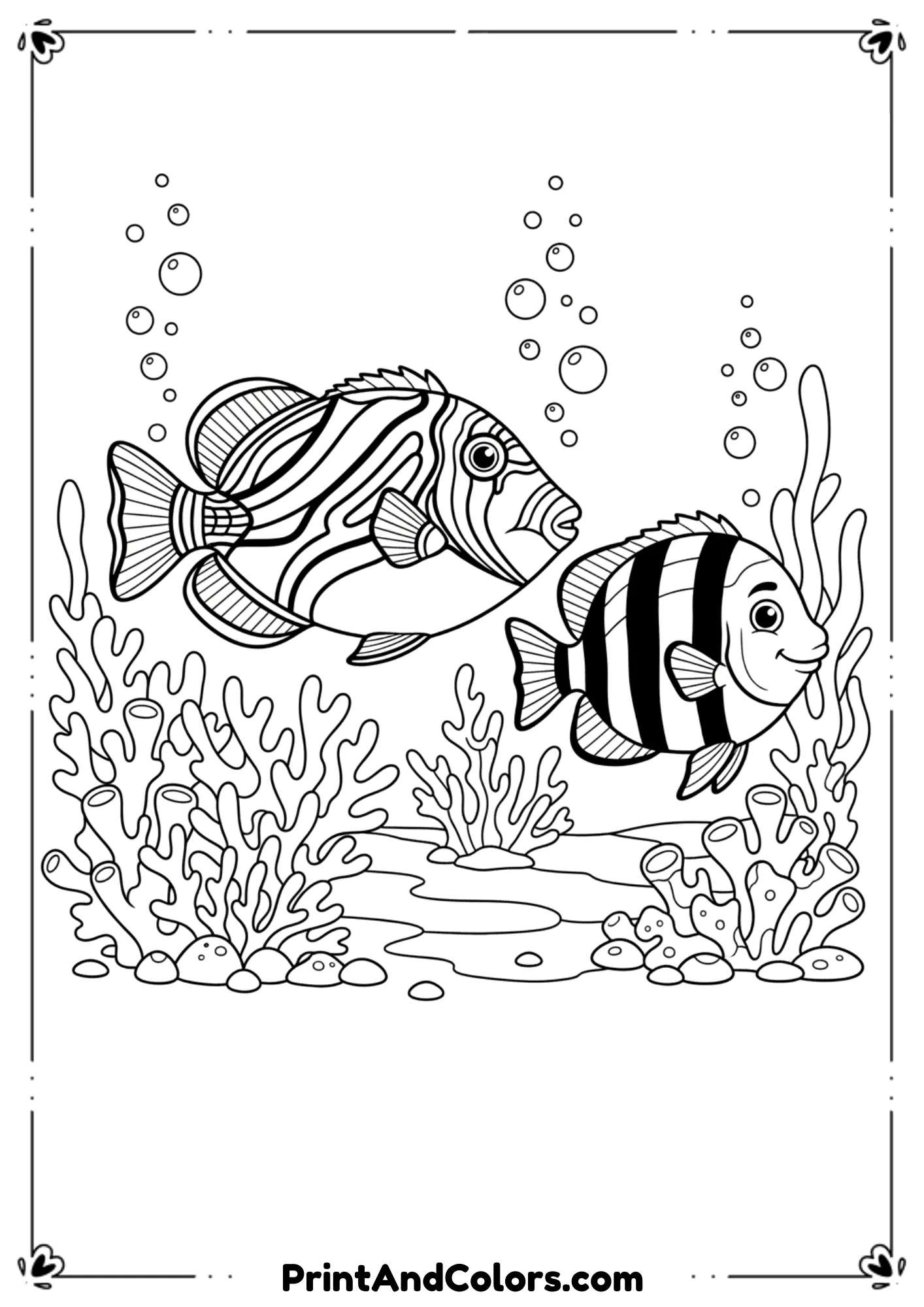 Picasso triggerfish with geometric patterns swimming beside sergeant major fish. Add stylized coral, reefs, and bubbles. Bold outlines, detailed patterns, no shading.