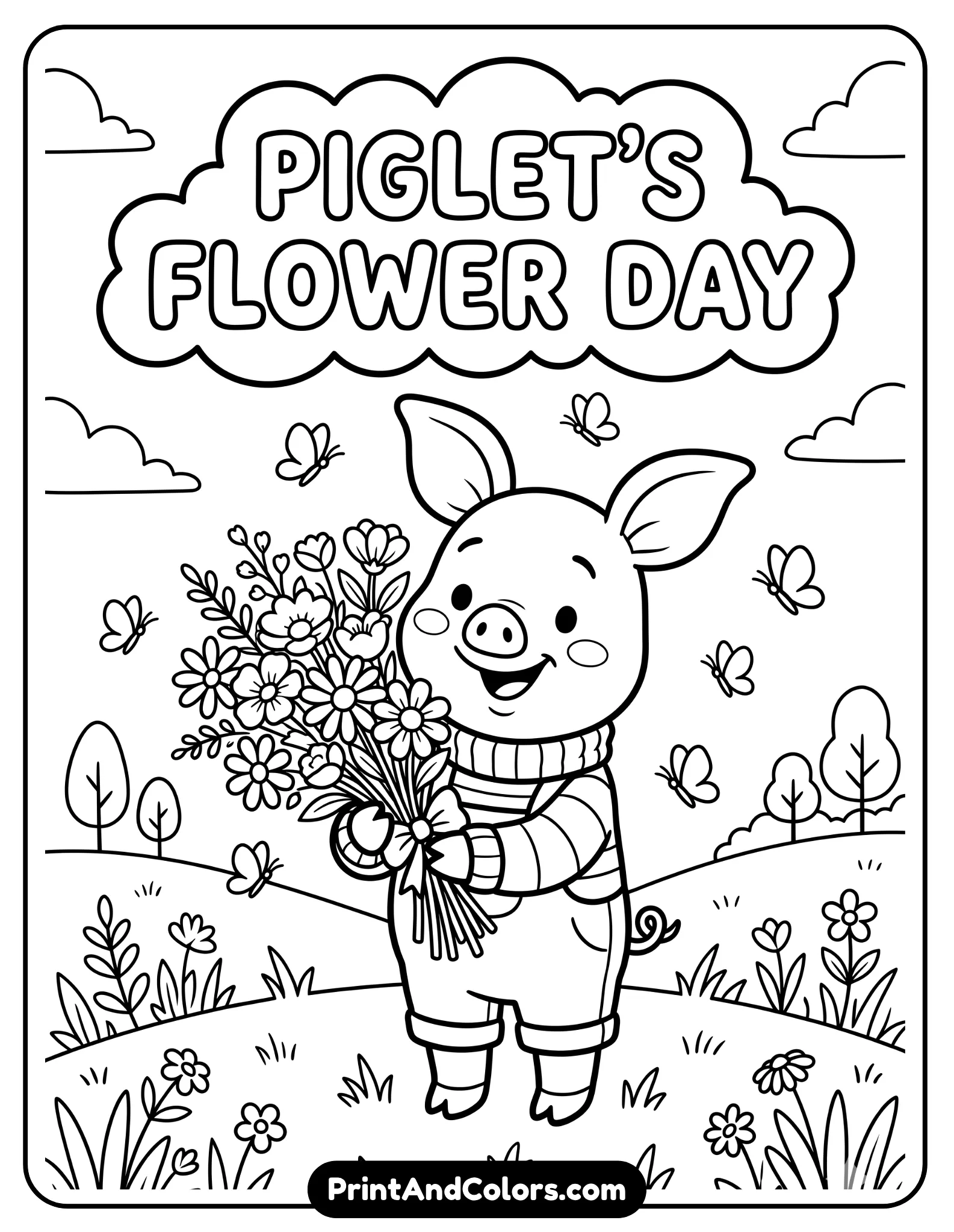 Black and white coloring page of Piglet holding a bouquet of flowers and smiling happily, small butterflies flying around, simple grassy background, cute cartoon style with bold outlines and easy coloring spaces