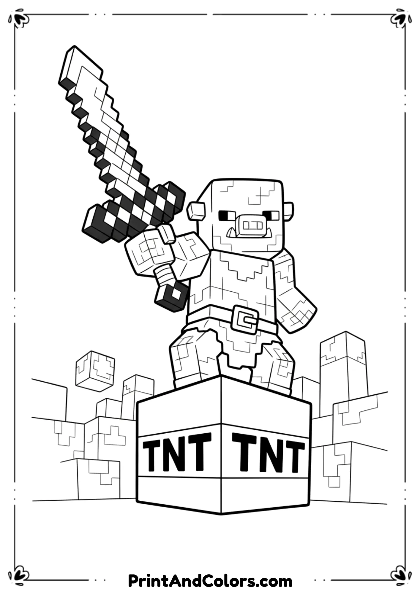  Black and white line art of a Minecraft Piglin holding a sword while standing on a TNT block, movie-inspired style, bold outlines, no shading, printable coloring sheet.
