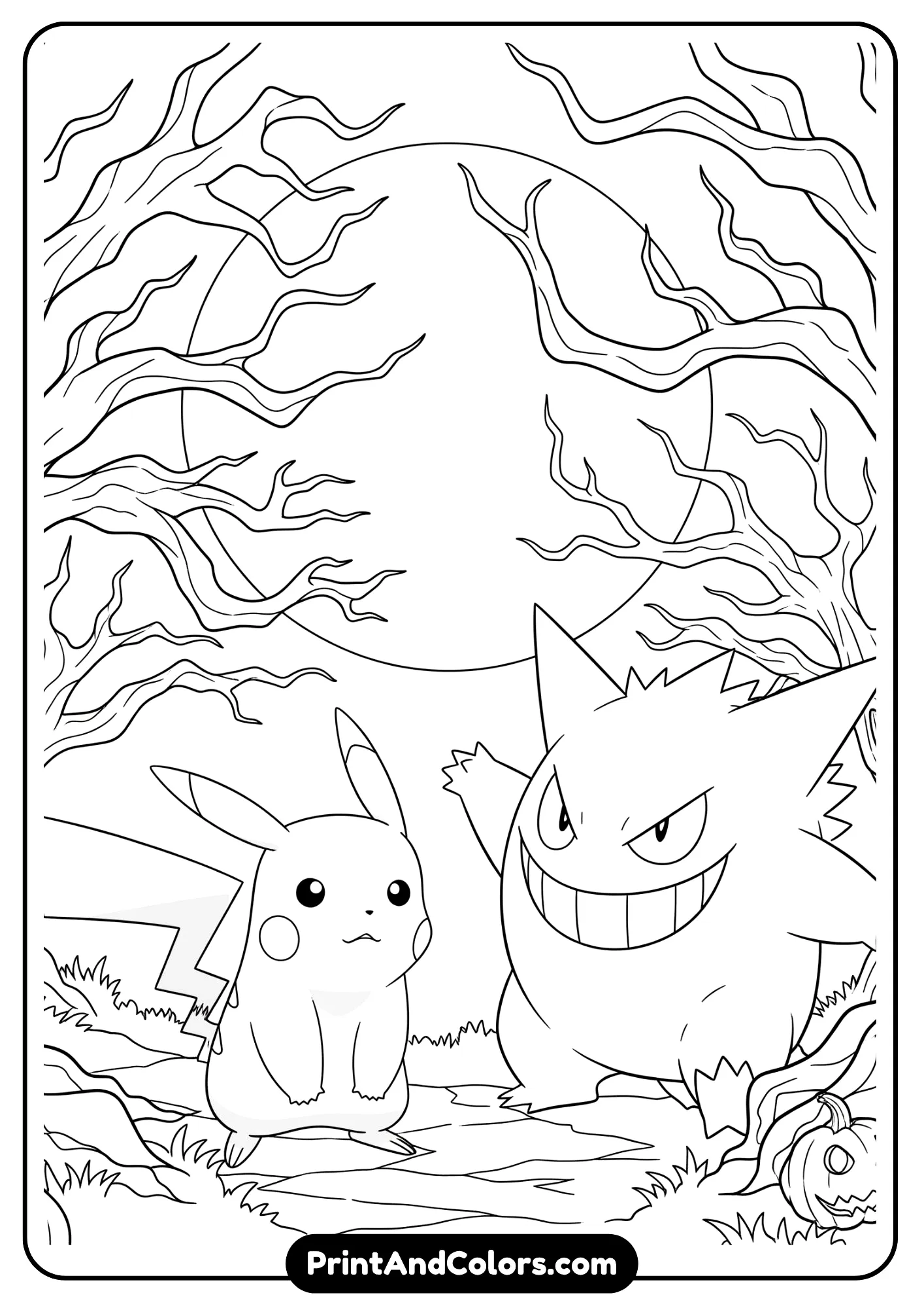 Pikachu and Gengar haunting a spooky forest – Halloween-themed coloring page.