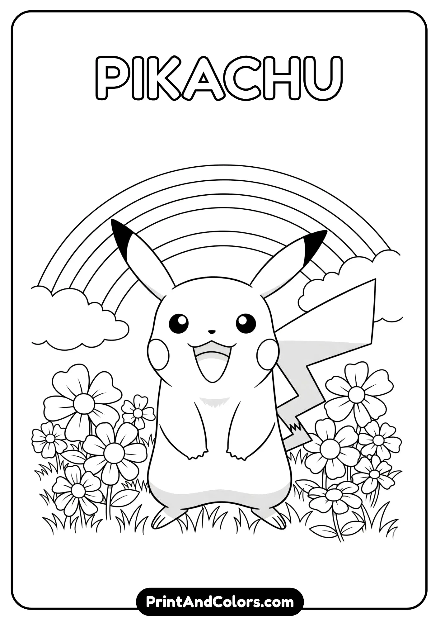 Smiling Pikachu under a rainbow, cheerful black-and-white art