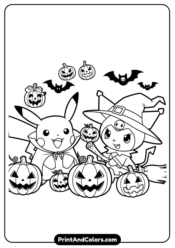 Pikachu and Kuromi dressed in Halloween costumes with pumpkins and bats, bold cartoon outlines.