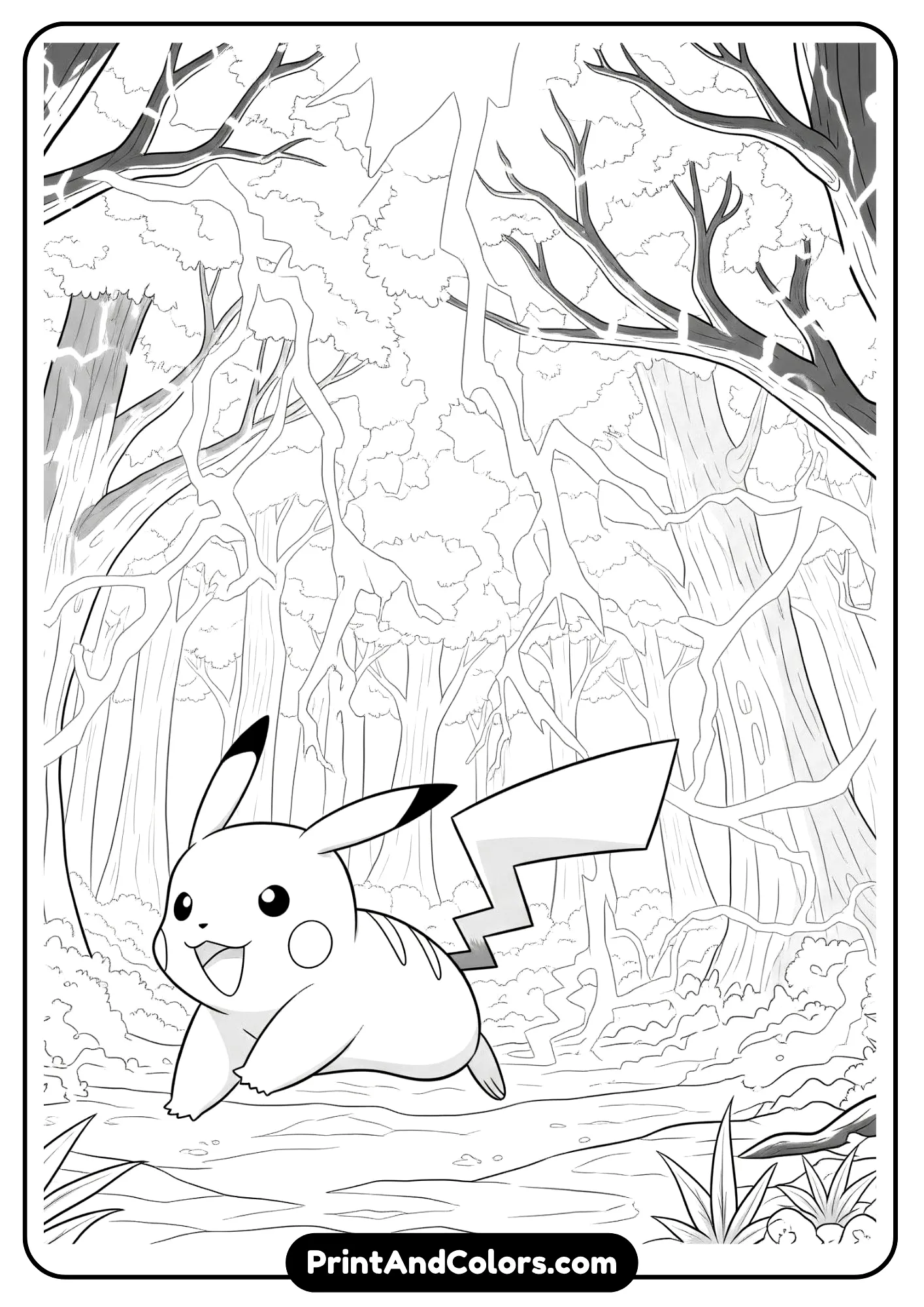 Pikachu in an electrified forest, stylized for coloring