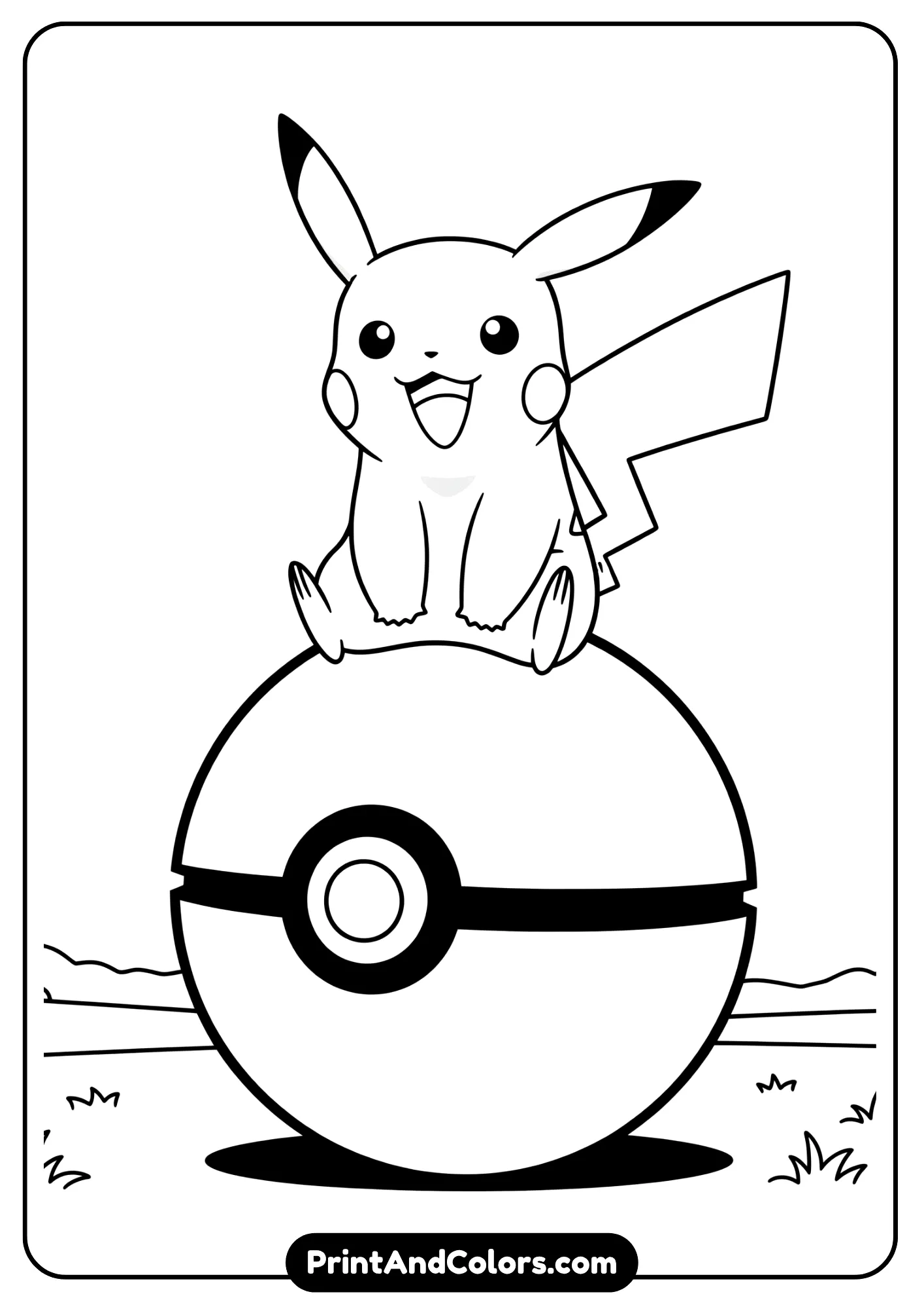 Pikachu on a giant Pokeball in a field – adorable coloring sheet.