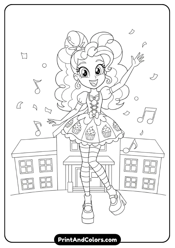 Design a black and white coloring page of Pinkie Pie in Equestria Girls style smiling energetically. Simple pose, clean bold outlines, no grayscale.