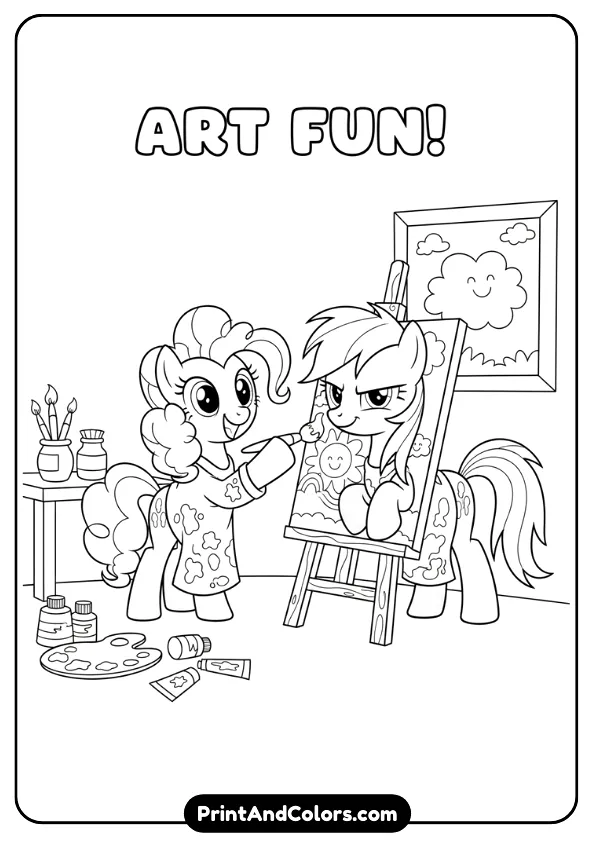 Create a black and white outline coloring page of Pinkie Pie and Rainbow Dash painting together with paintbrushes and canvas. Fun expressions, playful poses, simple art room background, bold outlines.