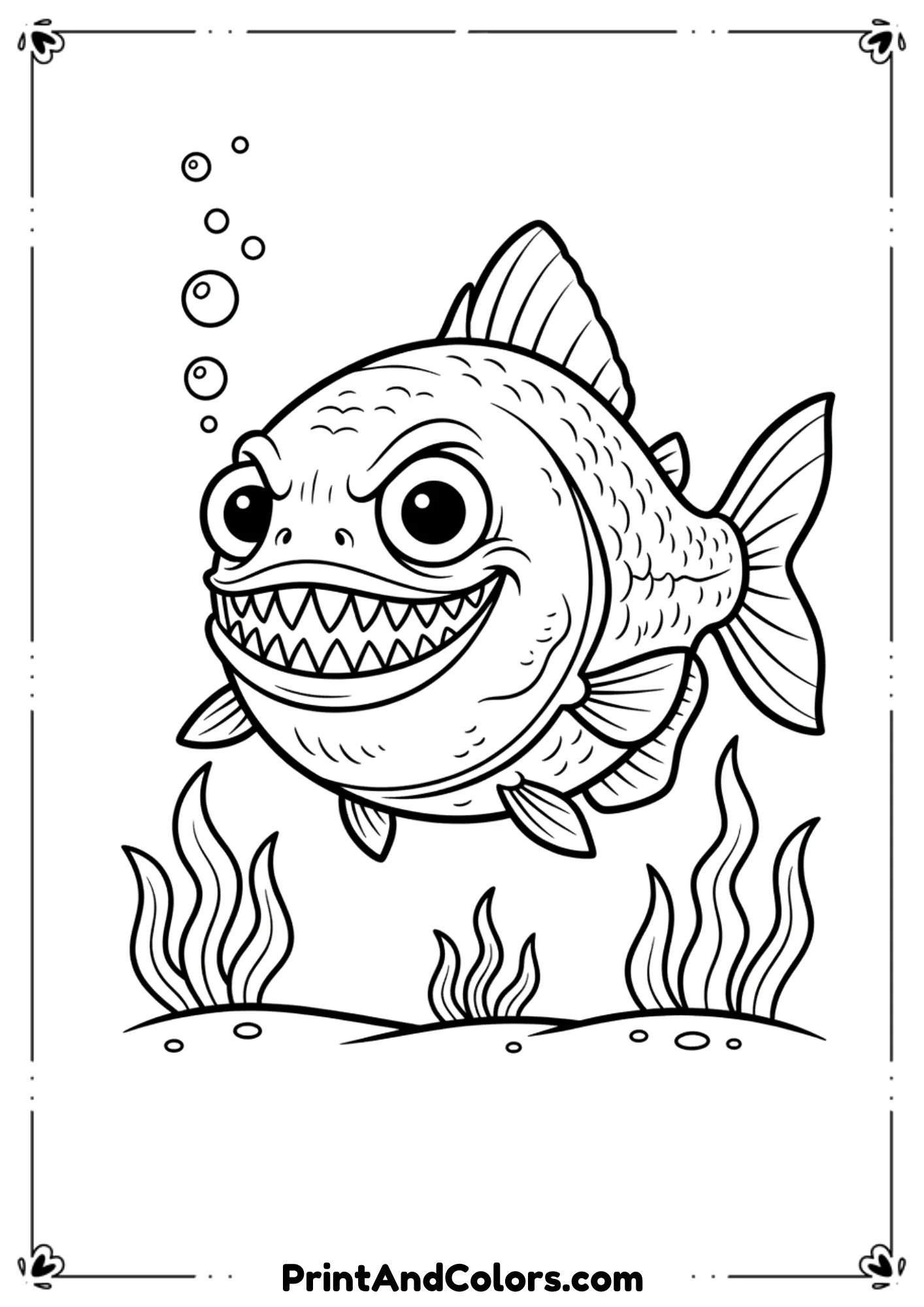 Cartoon piranha with big teeth, sharp fins, and wide round eyes. Add simple underwater plants and bubbles. Thick outlines.