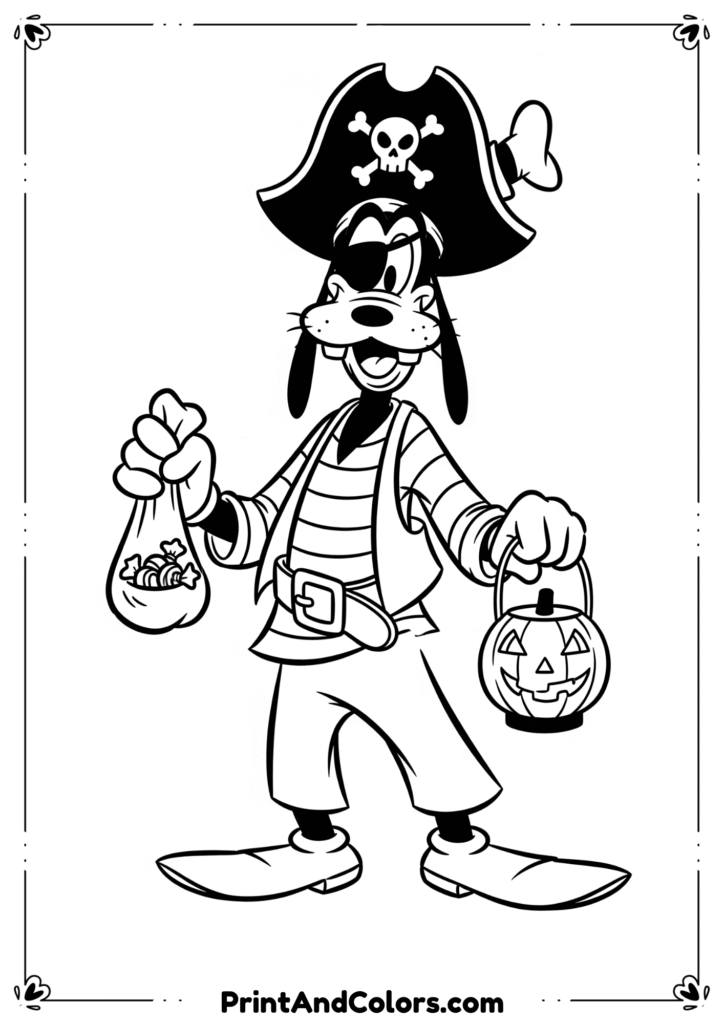 Goofy dressed as a pirate holding a candy bag and pumpkin lantern in cartoon black-and-white line art.