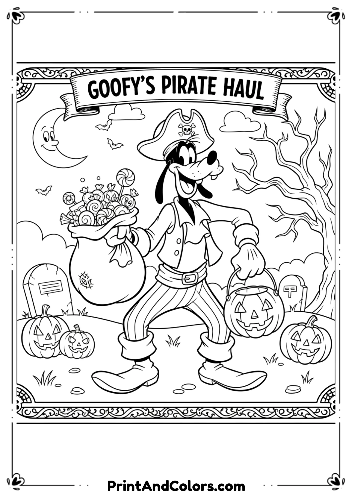 Goofy dressed as a pirate holding a candy bag and pumpkin lantern in cartoon black-and-white line art.

