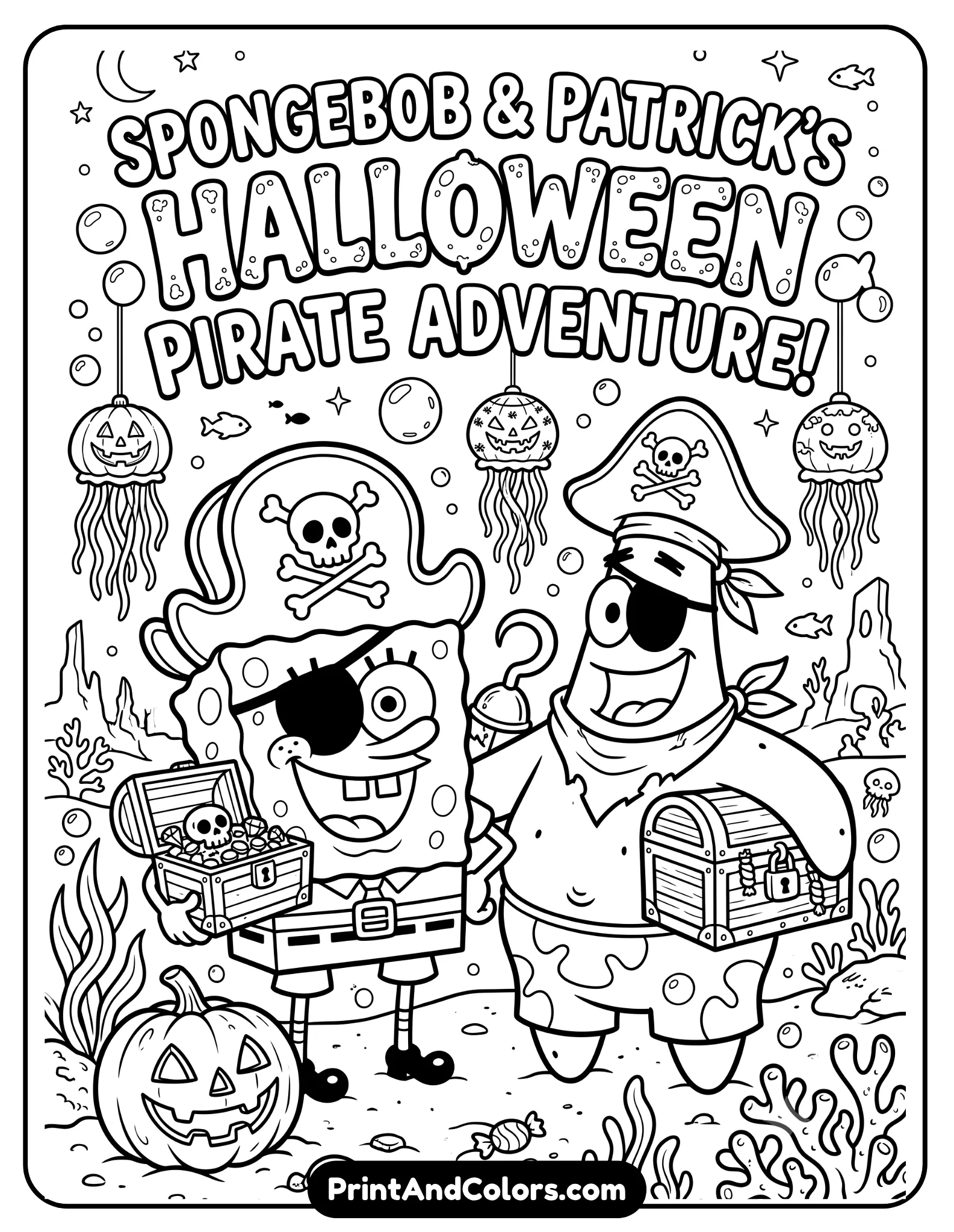 Black and white printable coloring page of SpongeBob and Patrick dressed as pirates on Halloween night, wearing pirate hats, eye patches, and holding small treasure chests, spooky underwater decorations with pumpkins, jellyfish lanterns, and bubbles, detailed cartoon line art, bold clean outlines, kid-friendly festive scene
