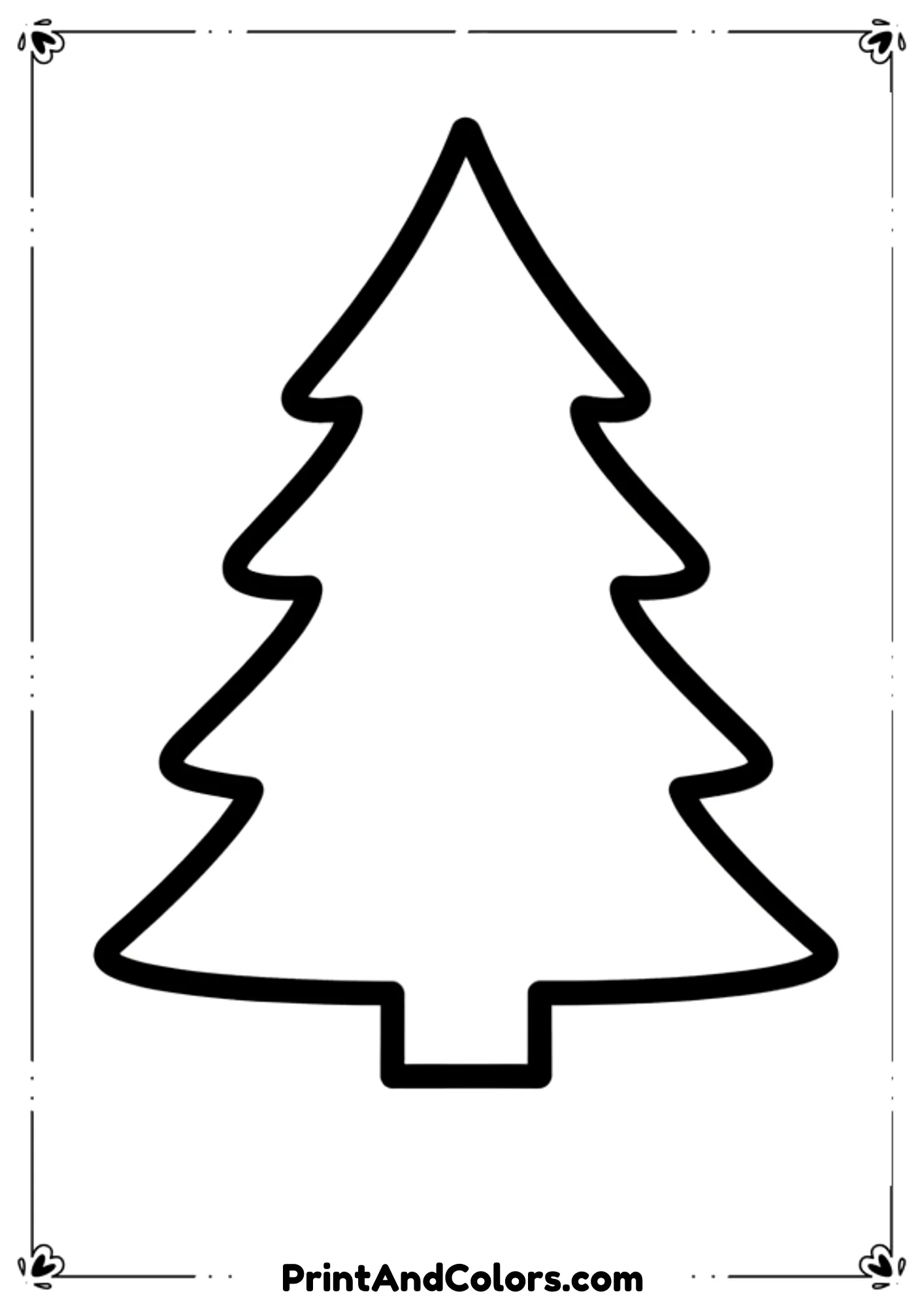  Very plain tree silhouette with soft pointed branches, no decorations, perfect for free creativity. Bold smooth outlines, centered on white background.
