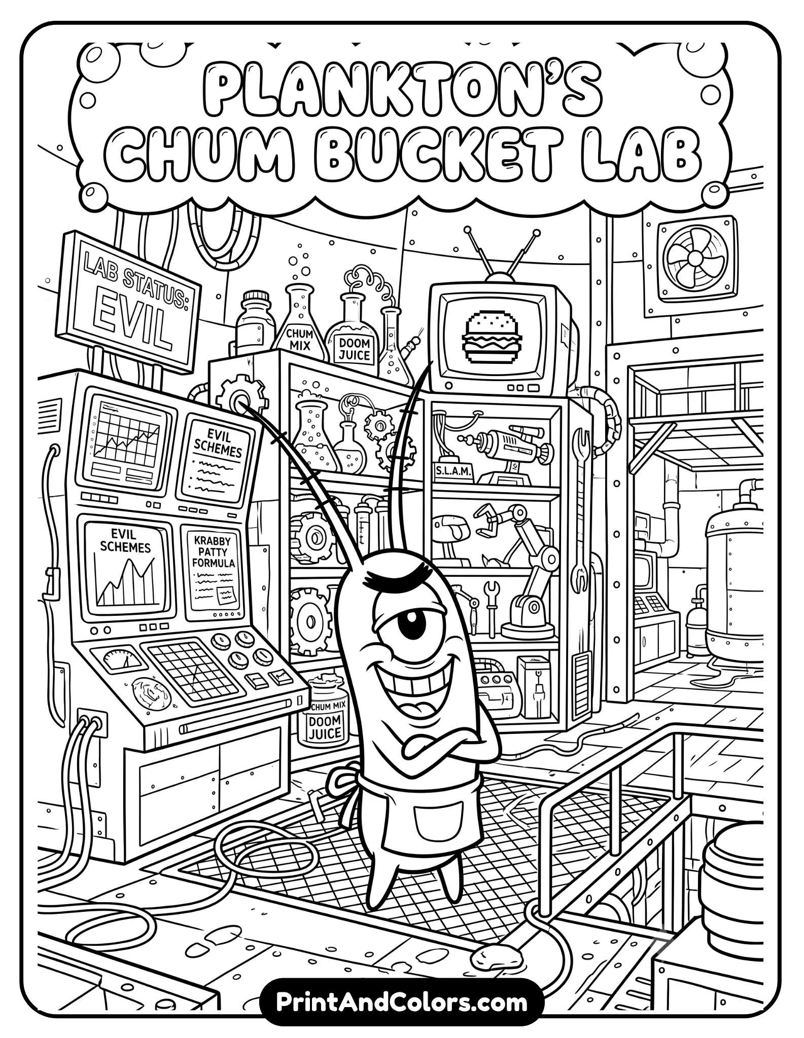 Detailed black and white line art coloring page of Plankton standing proudly inside the Chum Bucket laboratory, computer screens and invention gadgets surrounding him, funny villain expression, clean cartoon outlines, printable coloring design
