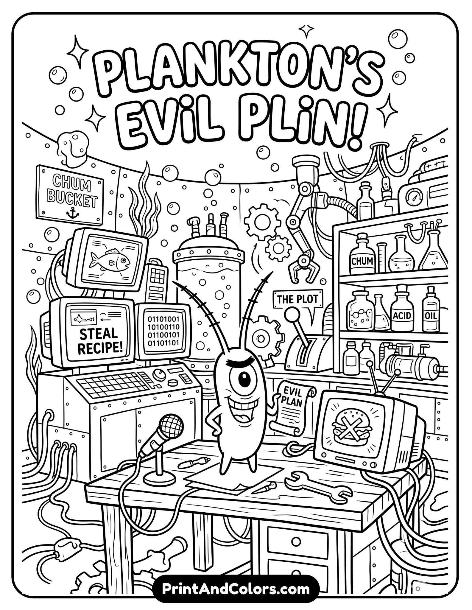 Black and white line art coloring page of Plankton plotting an evil plan inside the Chum Bucket, tiny cartoon villain with one eye, computer screens and invention gadgets around him, bold clean outlines, funny underwater cartoon atmosphere, printable coloring sheet for kids