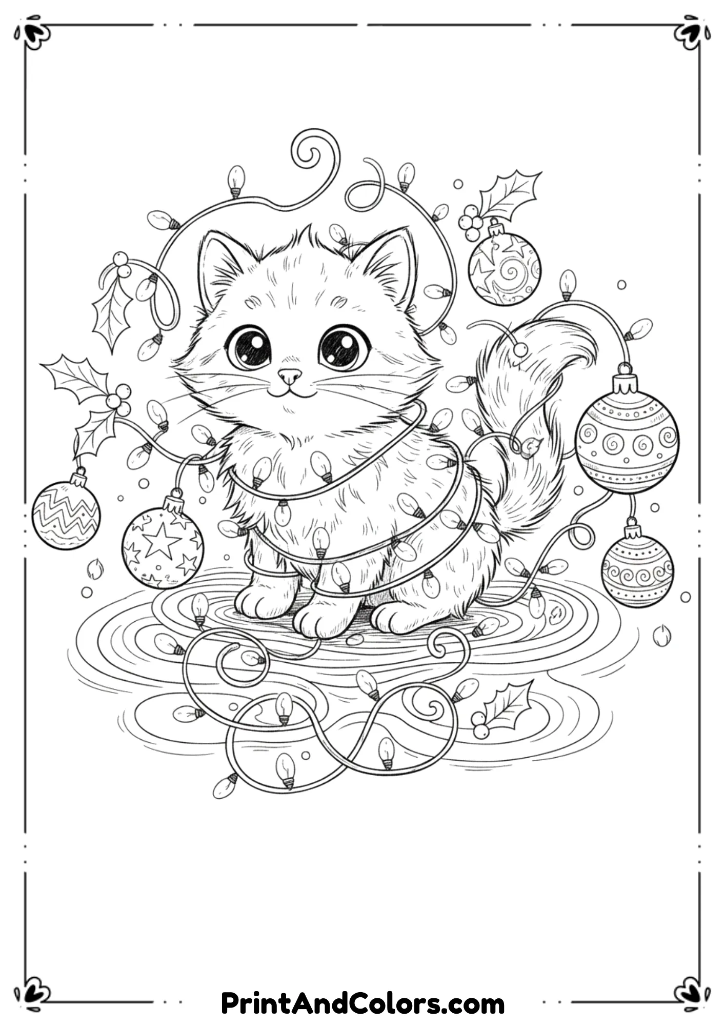  Funny kitten tangled in Christmas lights with ornaments around, festive black-and-white line art.

