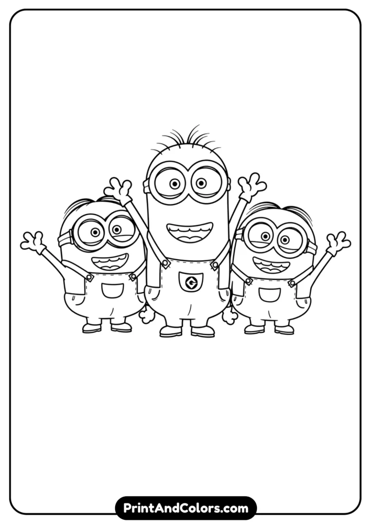Simple outline of playful Minions waving and smiling, easy cartoon black-and-white line art for little kids