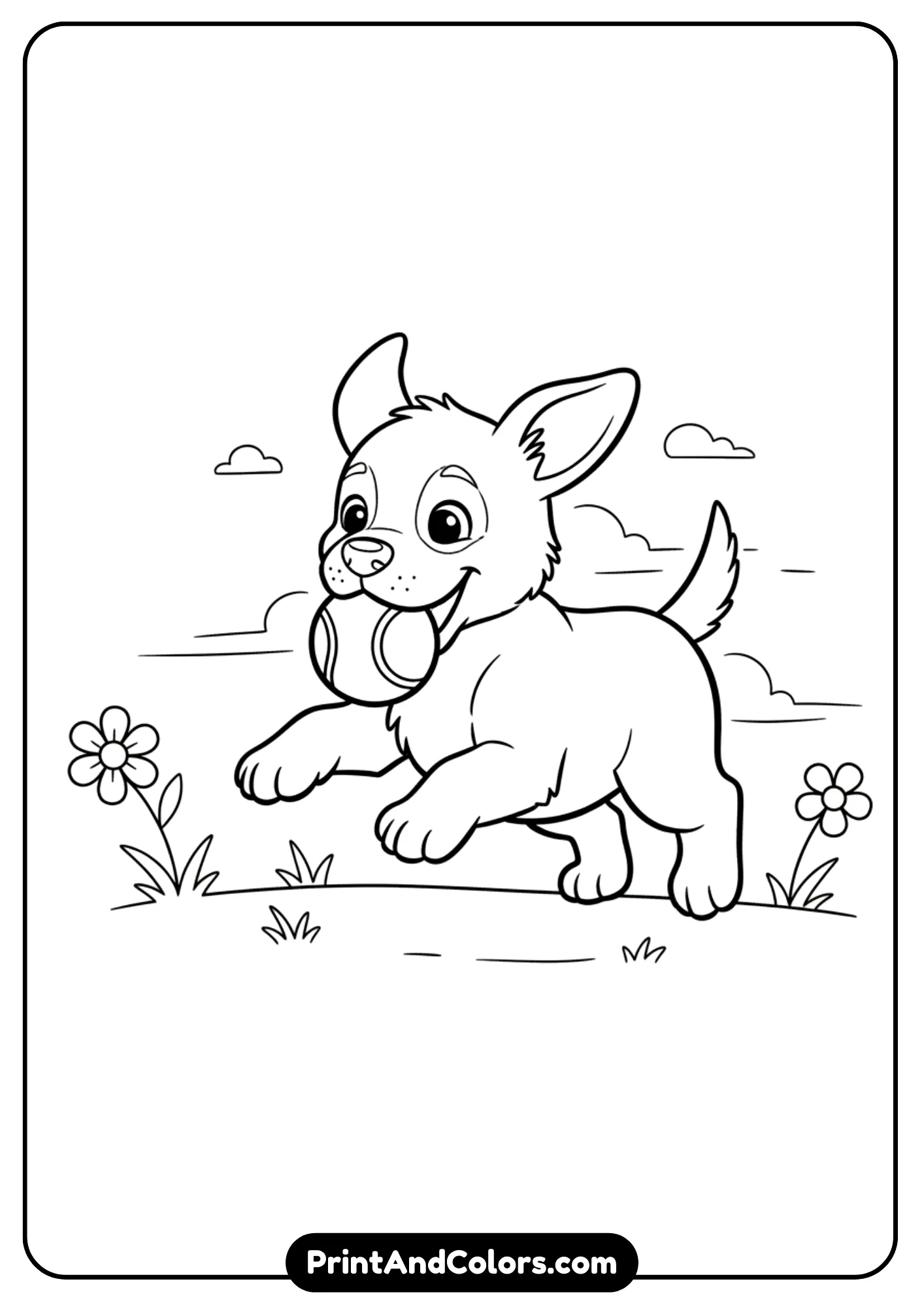Outline sketch of a puppy running with a ball in its mouth. Clean black and white design for a coloring page, playful and energetic pose.