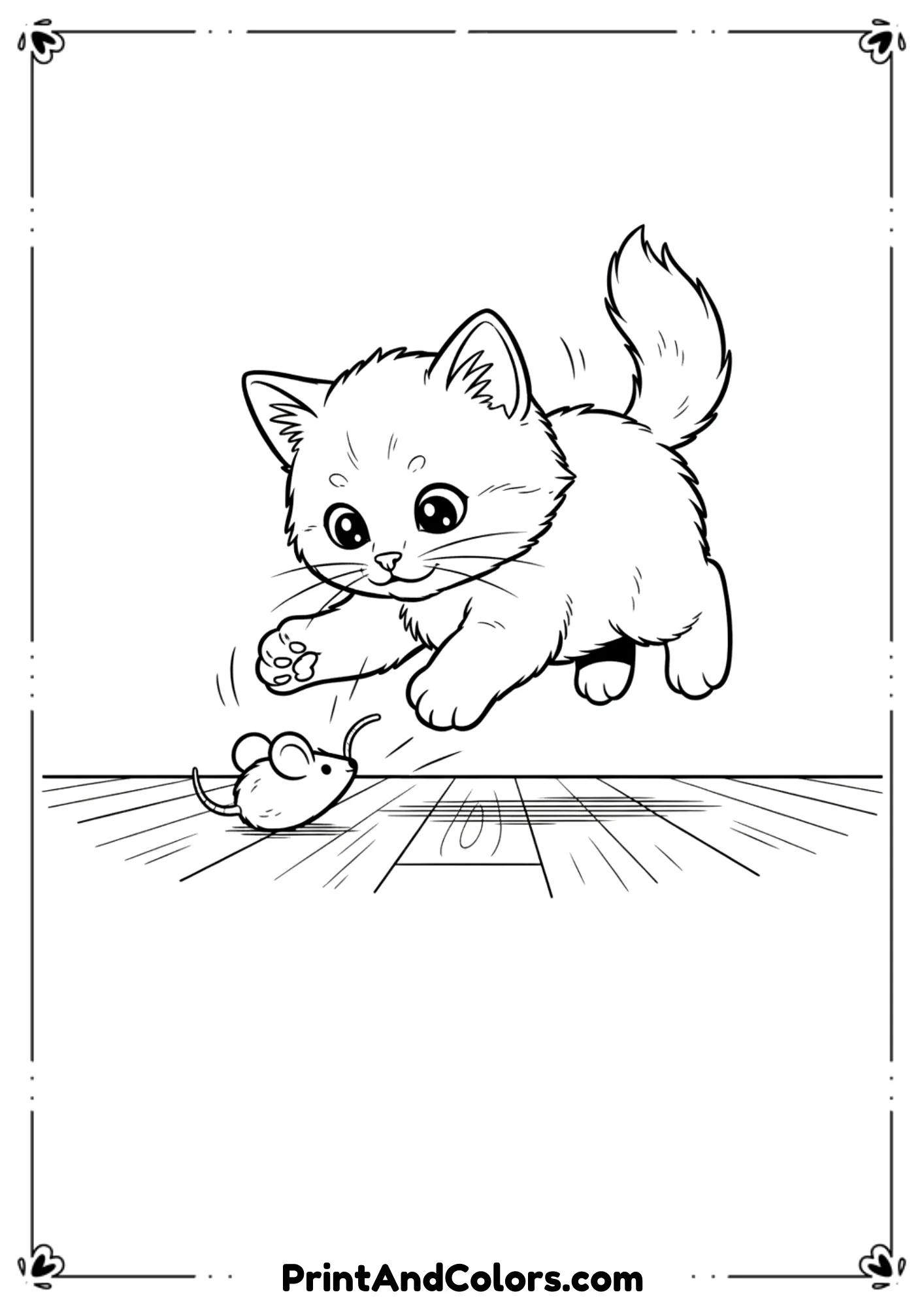 Curious kitten playing with a tiny mouse toy, fun and gentle scene drawn in clean black outlines.
