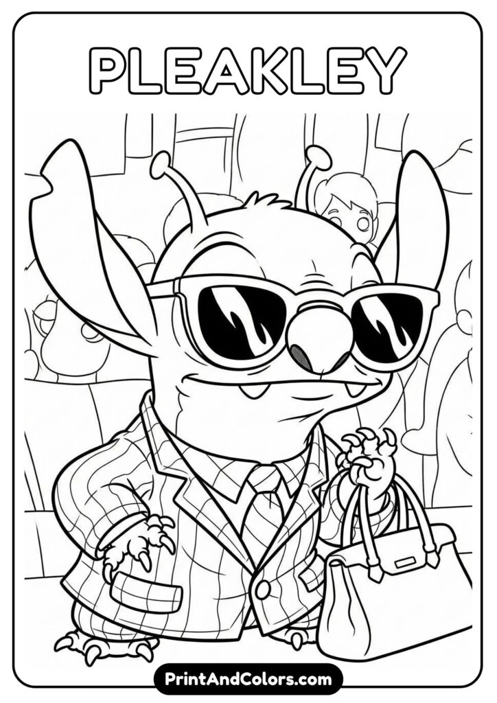Pleakley in disguise with sunglasses and a handbag, drawn humorously